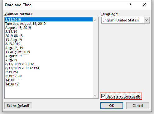 How to Insert an Automatically Renewed Time or Date in Word 2019