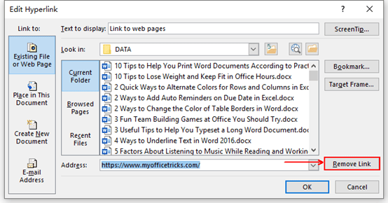 Remove Link in Edit Hyperlink window