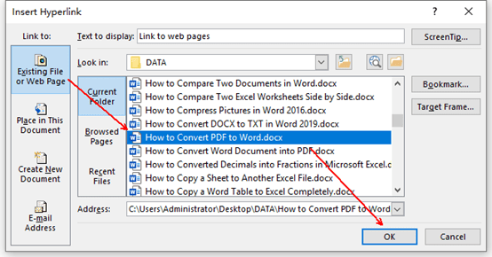 Choose a document in Insert Hyperlink