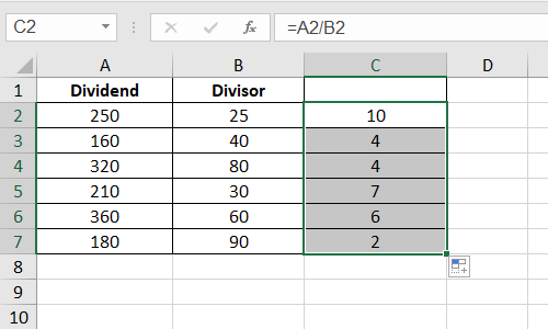 How to Quickly Divide Numbers in Excel Cells Using Formula