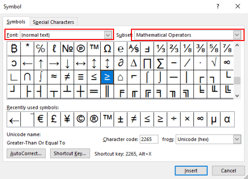How to Insert Greater than or Equal to Symbol in Word and Excel
